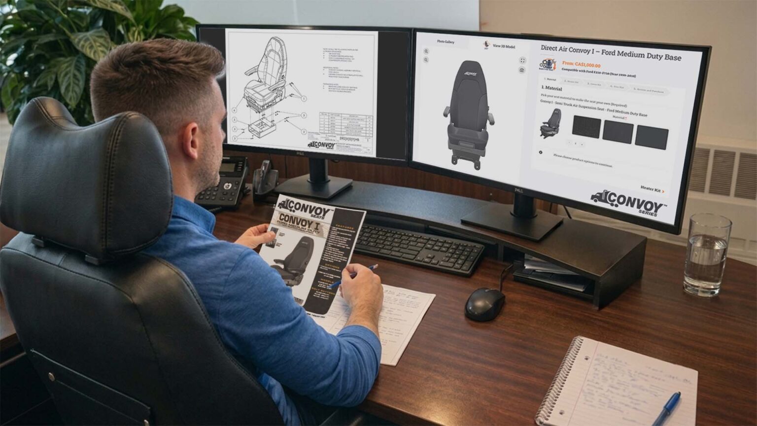 engineer-at-desk-looking-at-screens Engineer at a desk reviewing technical CAD drawings and a product brochure for the Convoy III truck seat.
