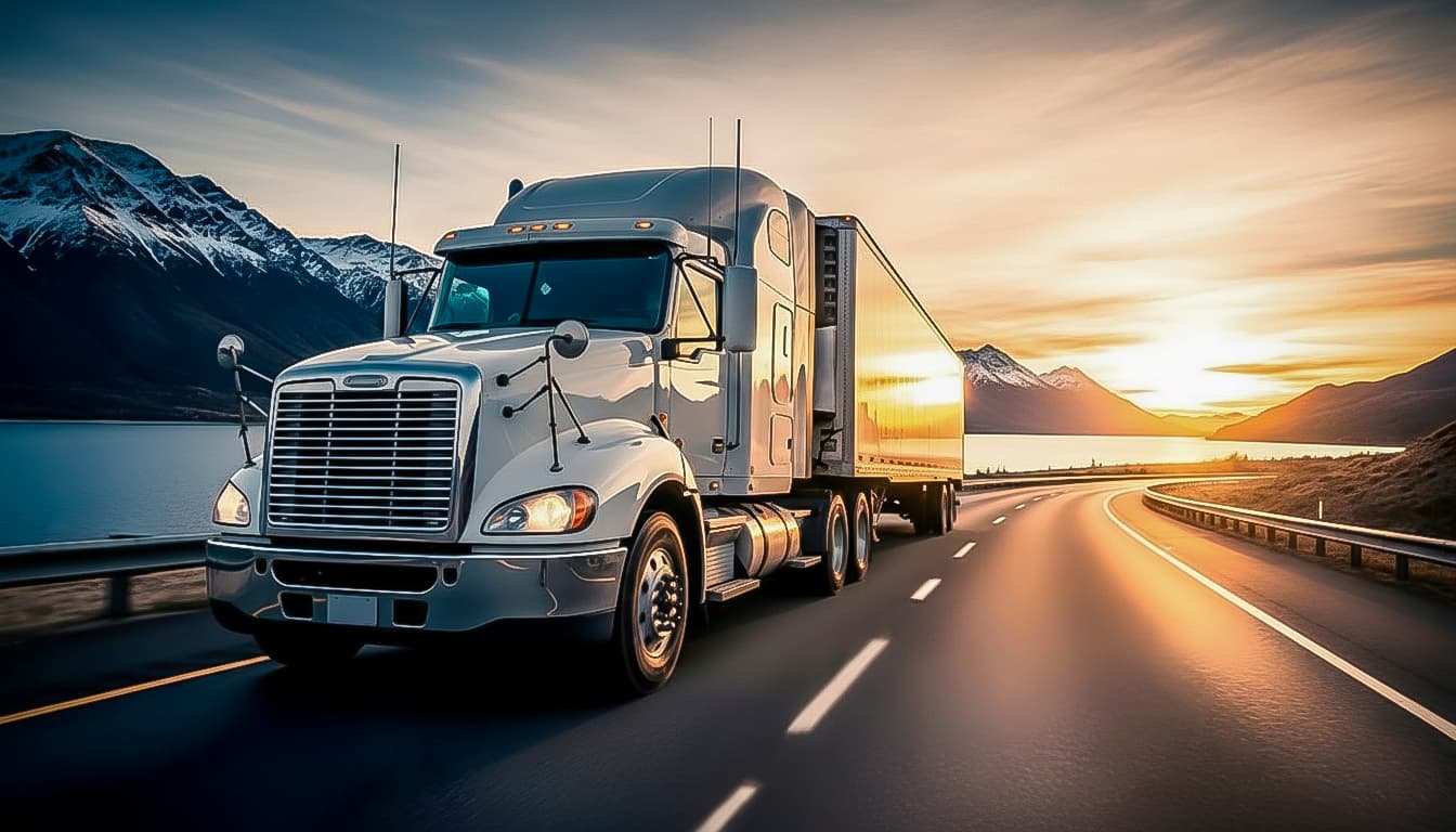 Long-haul highway tractor trailer traveling through a scenic mountain landscape during golden hour, emphasizing comfort and reliability for truck drivers.