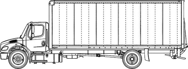 Technical line drawing of a Freightliner M2 106 box truck, highlighting the cab profile compatible with our ergonomic aftermarket replacement semi-truck seats.