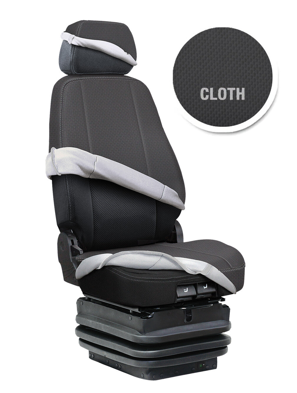 High-back semi-truck seat with a cloth cover kit on the headrest, backrest and seat cushion