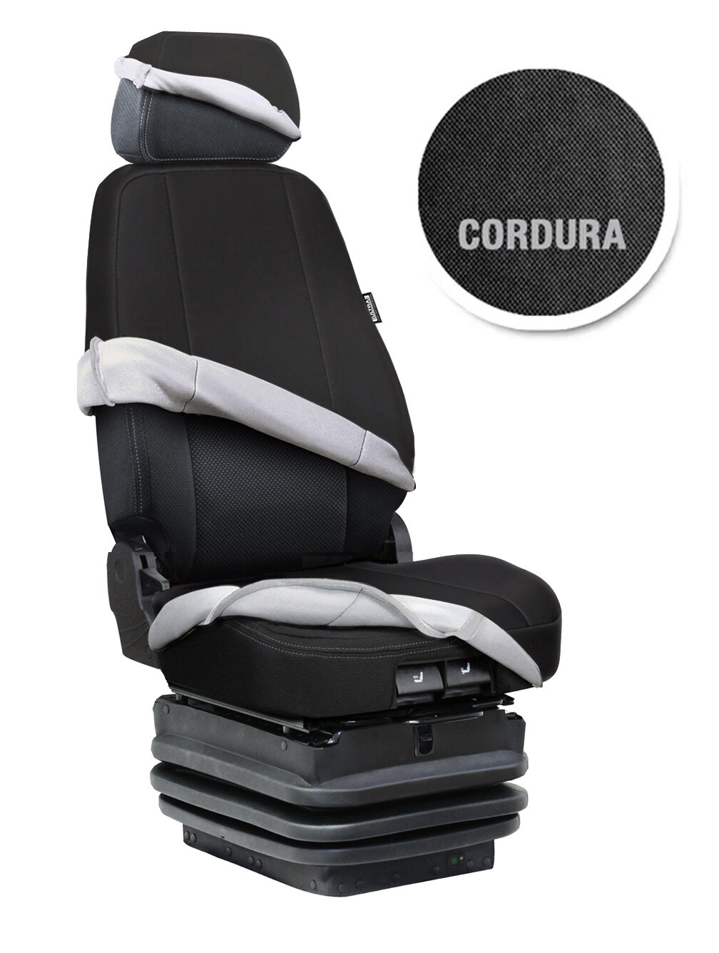 High-back semi-truck seat with a cordura cover kit on the headrest, backrest and seat cushion