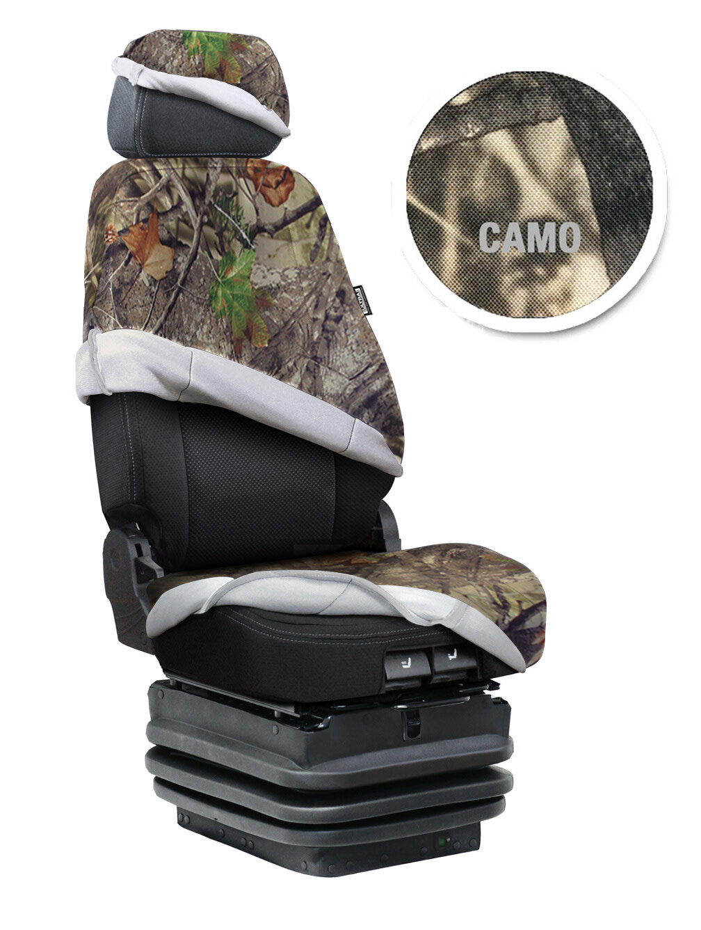 High-back semi-truck seat with a camouflage cover kit on the headrest, backrest and seat cushion