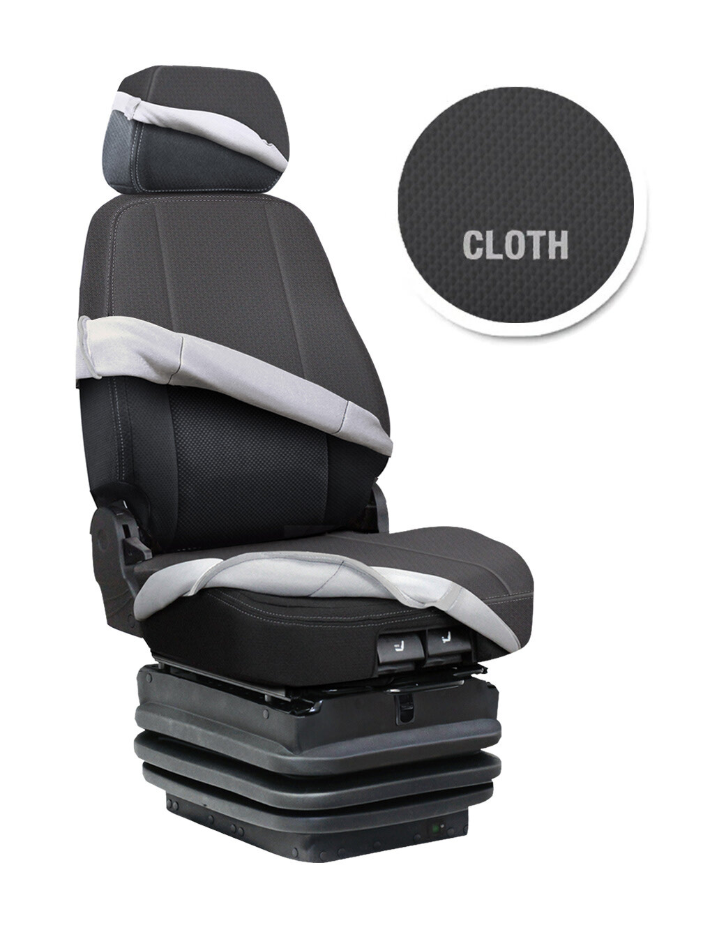 Mid-back semi-truck seat with a cloth cover kit on the headrest, backrest and seat cushion.