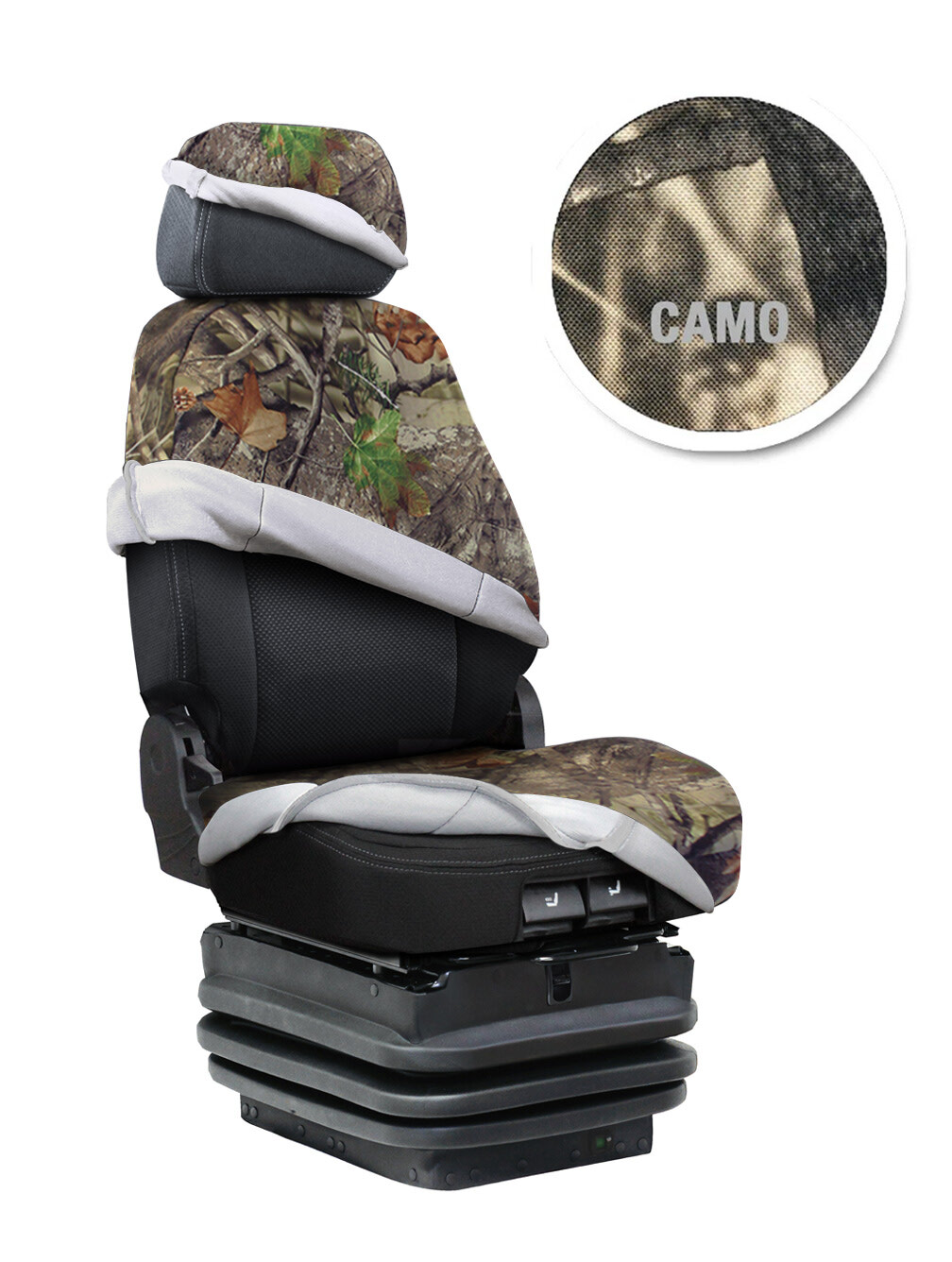 Mid-back semi-truck seat with a cloth cover kit on the headrest, backrest and seat cushion.