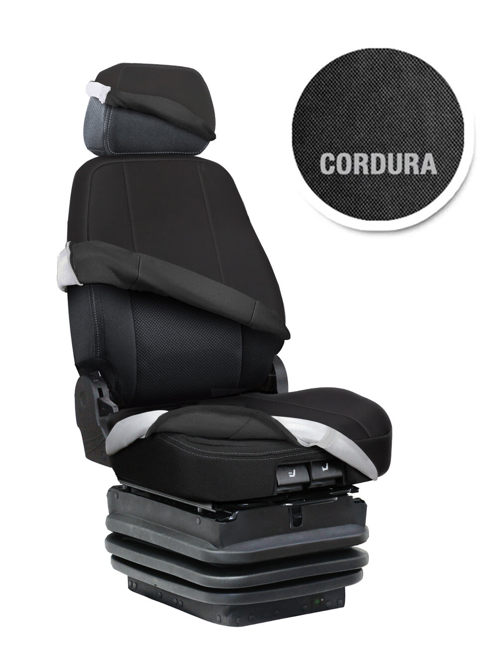 Mid-back semi-truck seat with a cordura cover kit on the headrest, backrest and seat cushion.