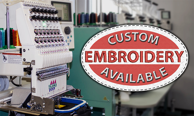 Industrial embroidery machine with a ‘Custom Embroidery Available’ graphic.