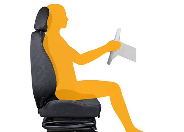 Side-view illustration of a semi-truck driver seated with their back and head supported while holding the steering wheel