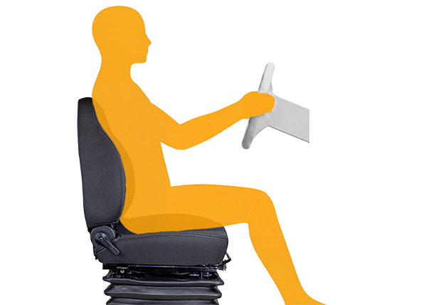 Side-view illustration of a semi-truck driver seated with their back and head supported while holding the steering wheel